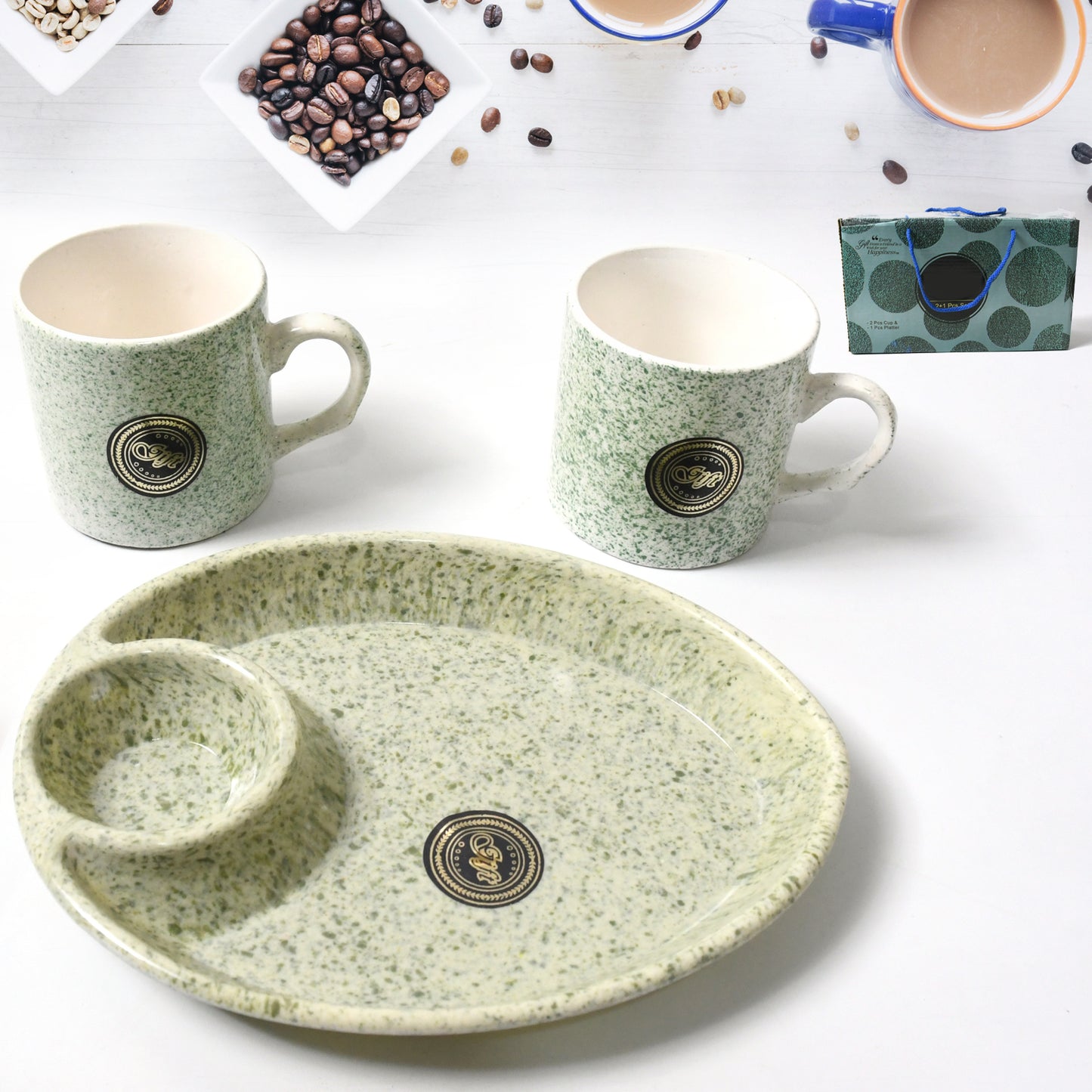Alpino Ceramic Tea Cups Set With Plastic Serving Platter (3 Pcs Set)