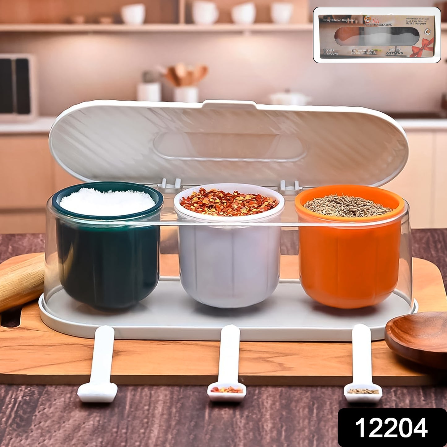 Home Kitchen 3 Grid Seasoning Spice Masala Box Kit With Spoon (Multicolor 1 Set)