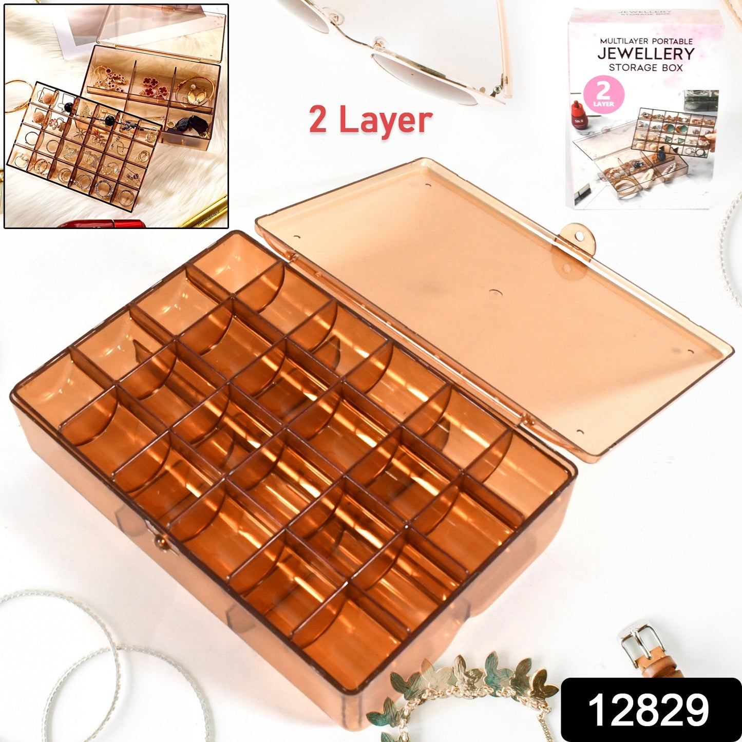 12829 2 Layer Acrylic Jewelry Storage Box Dustproof Earring Box Storage Box Portable Nail Art Storage Case 24-grid Small And 6-grid Big Case Makeup Vanity Box (1 Pc 30 Compartment)