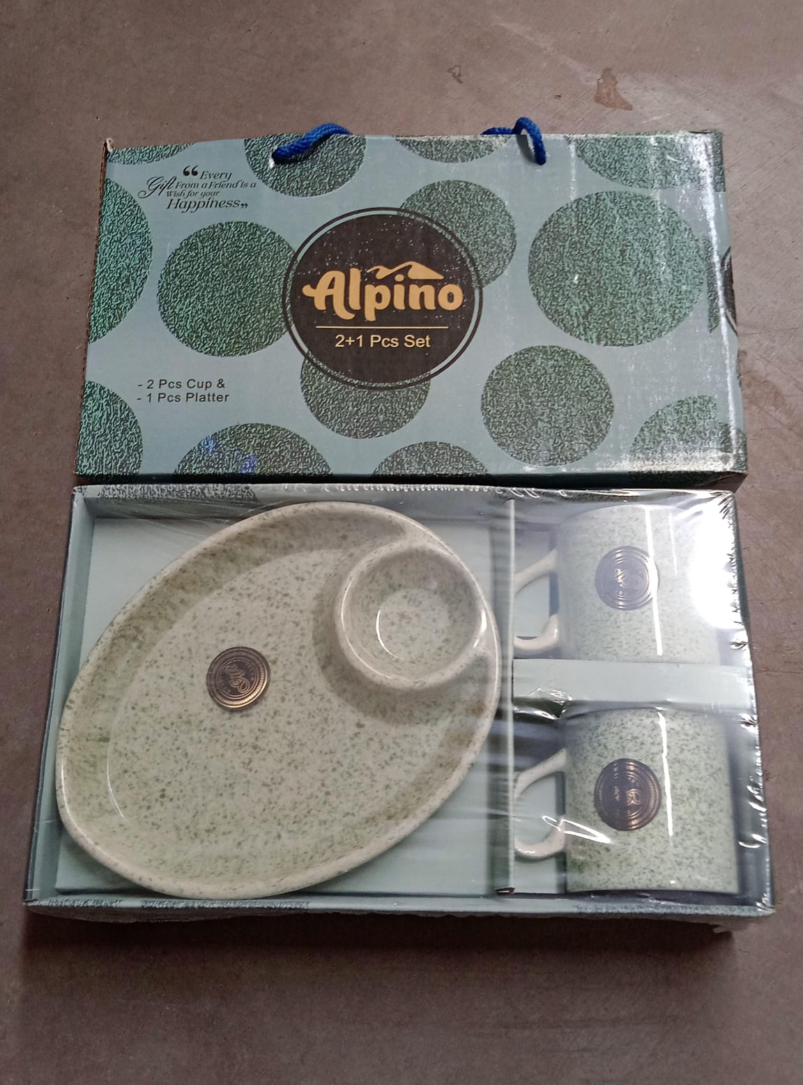 Alpino Ceramic Tea Cups Set With Plastic Serving Platter (3 Pcs Set)