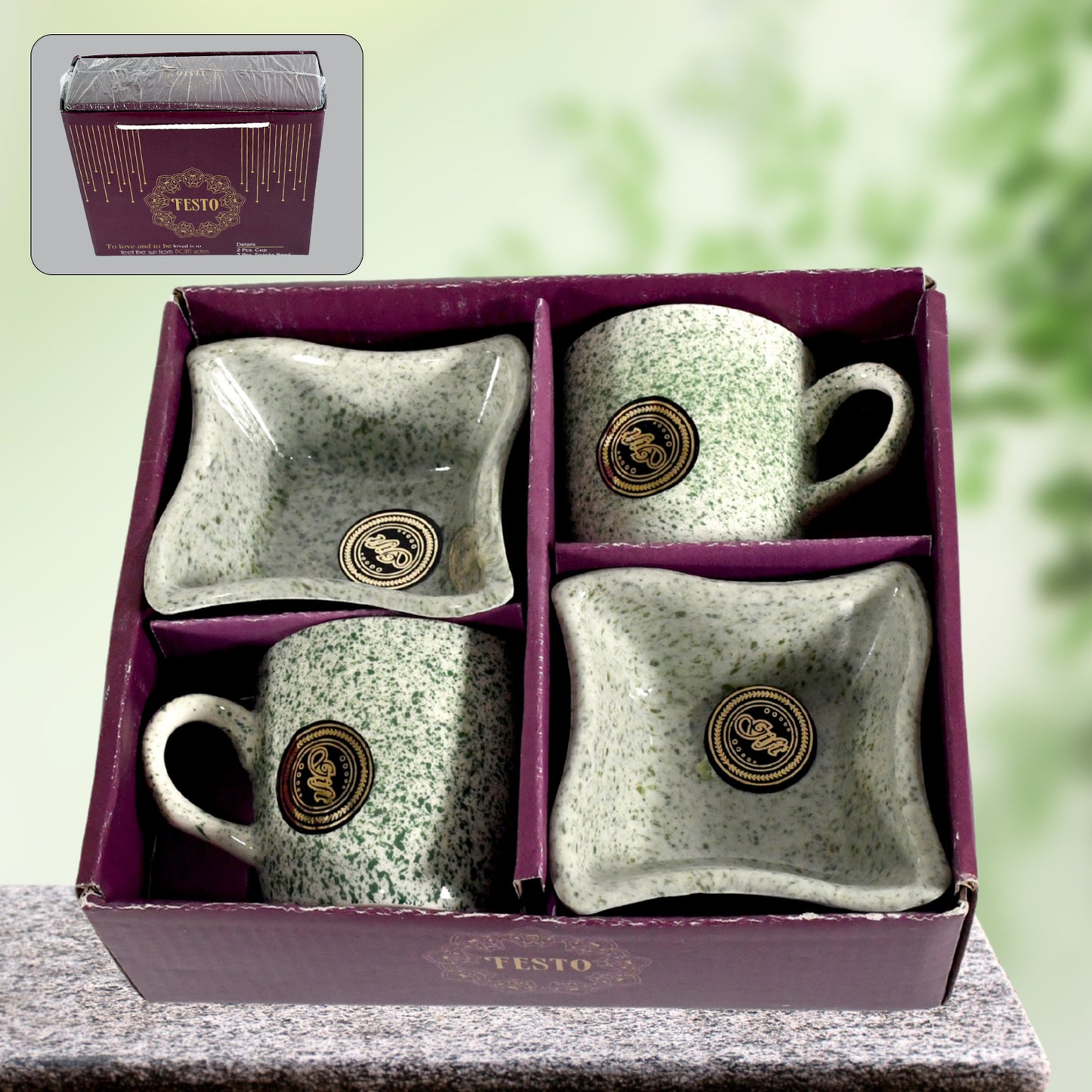 Festo Ceramic Tea Mug Set Including Snacks Serving Bowl (4 Pcs Set)