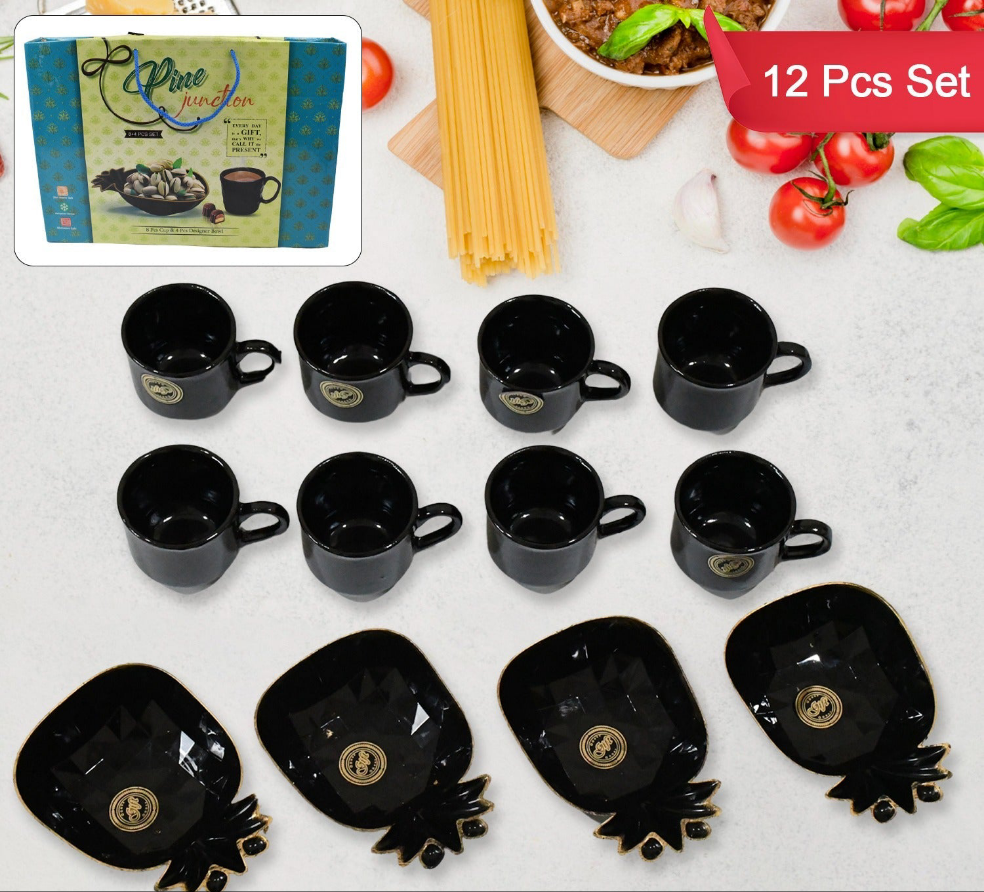 Pine Junction Ceramic Tea Cups & Bowl (12 Pcs Set)