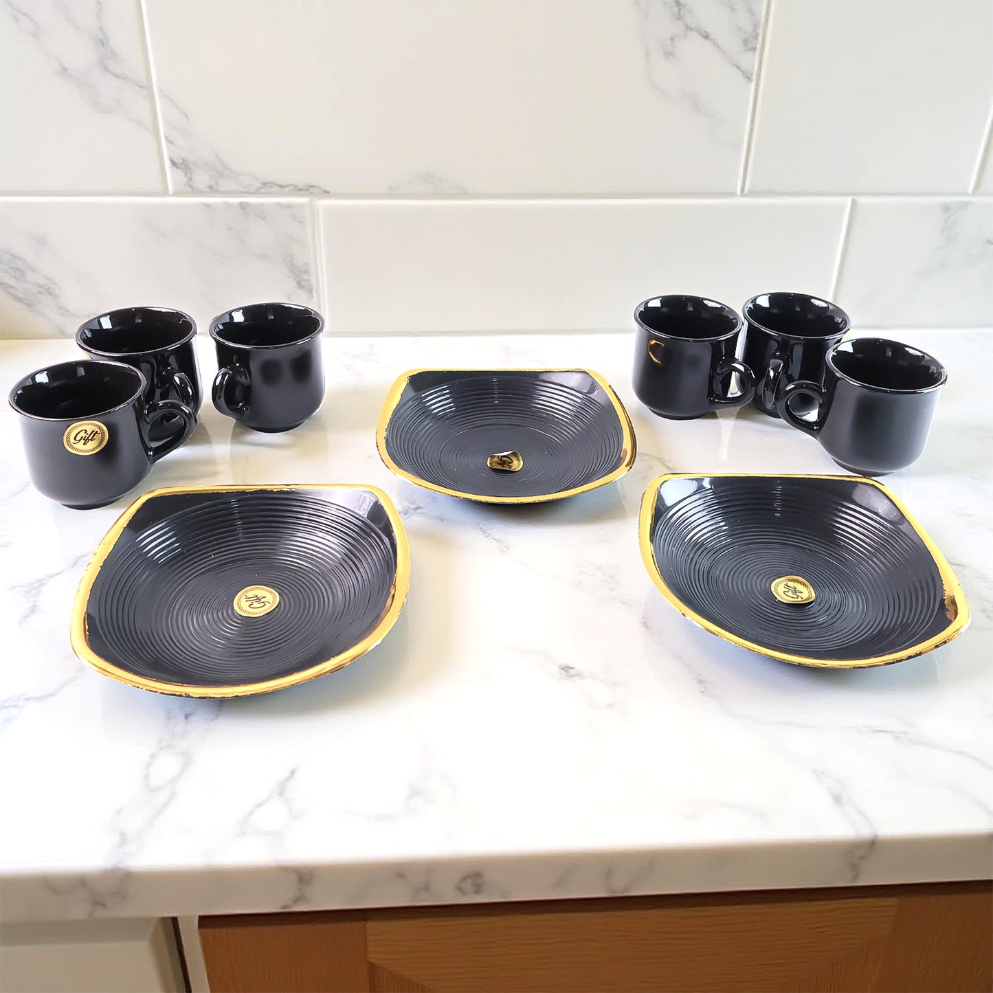 Sweet Buzz Ceramic Tea Cups Set With Serving Bowl (8 Pcs Set)