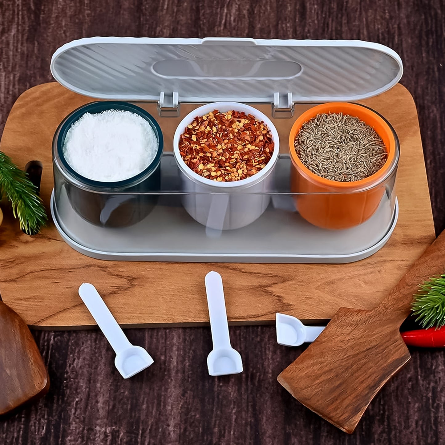 Home Kitchen 3 Grid Seasoning Spice Masala Box Kit With Spoon (Multicolor 1 Set)