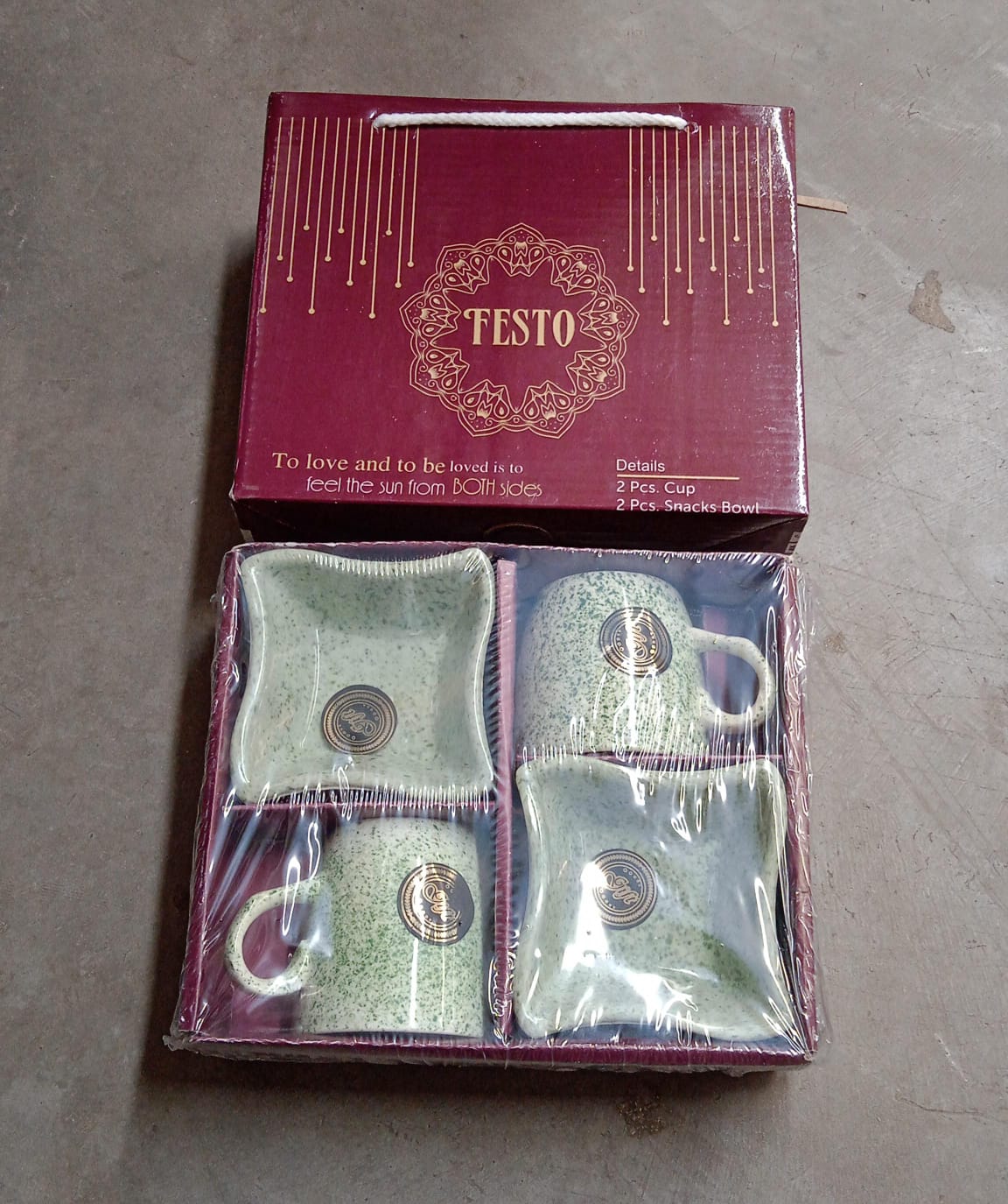 Festo Ceramic Tea Mug Set Including Snacks Serving Bowl (4 Pcs Set)