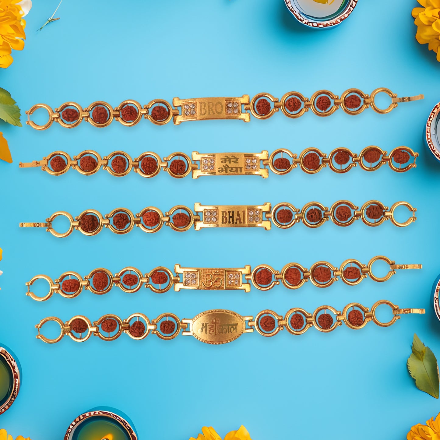 Gold Plated Designer Circular Bead Bracelet Rakhi For Brother (Mix Design 1 Pc)