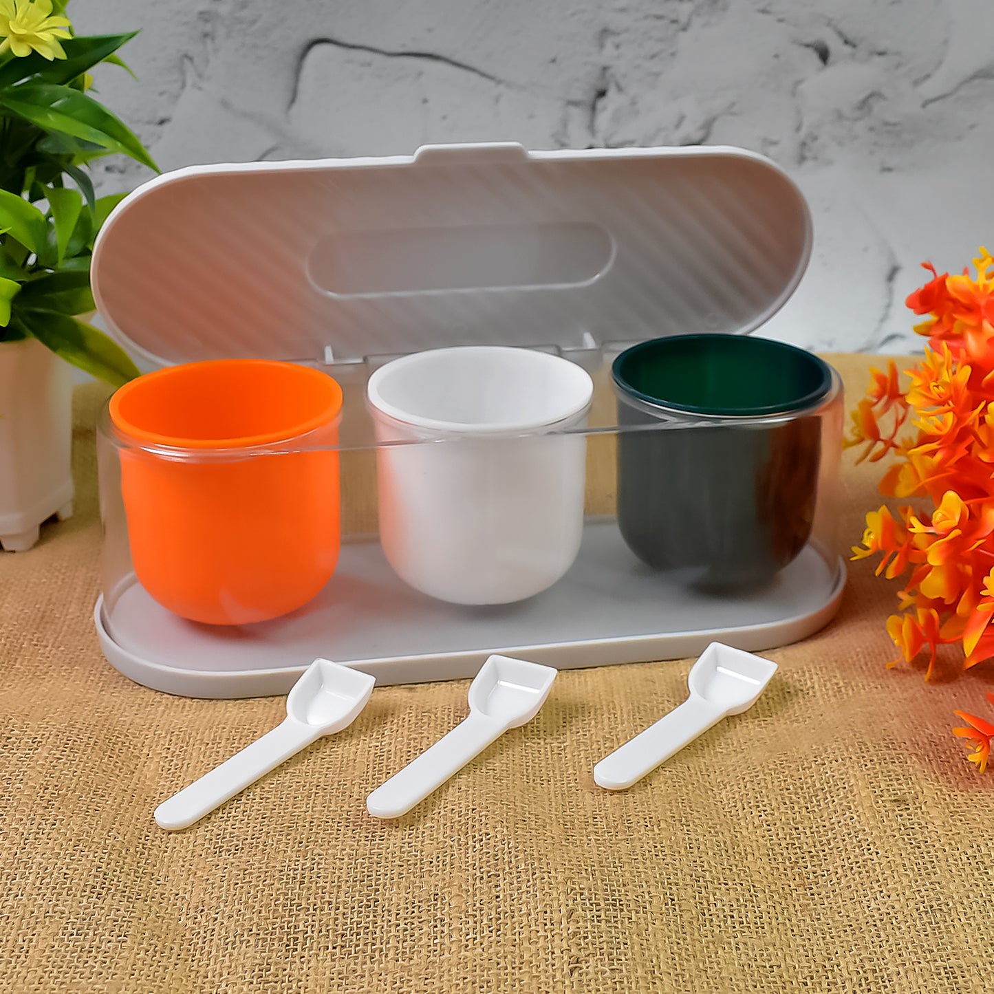 Home Kitchen 3 Grid Seasoning Spice Masala Box Kit With Spoon (Multicolor 1 Set)