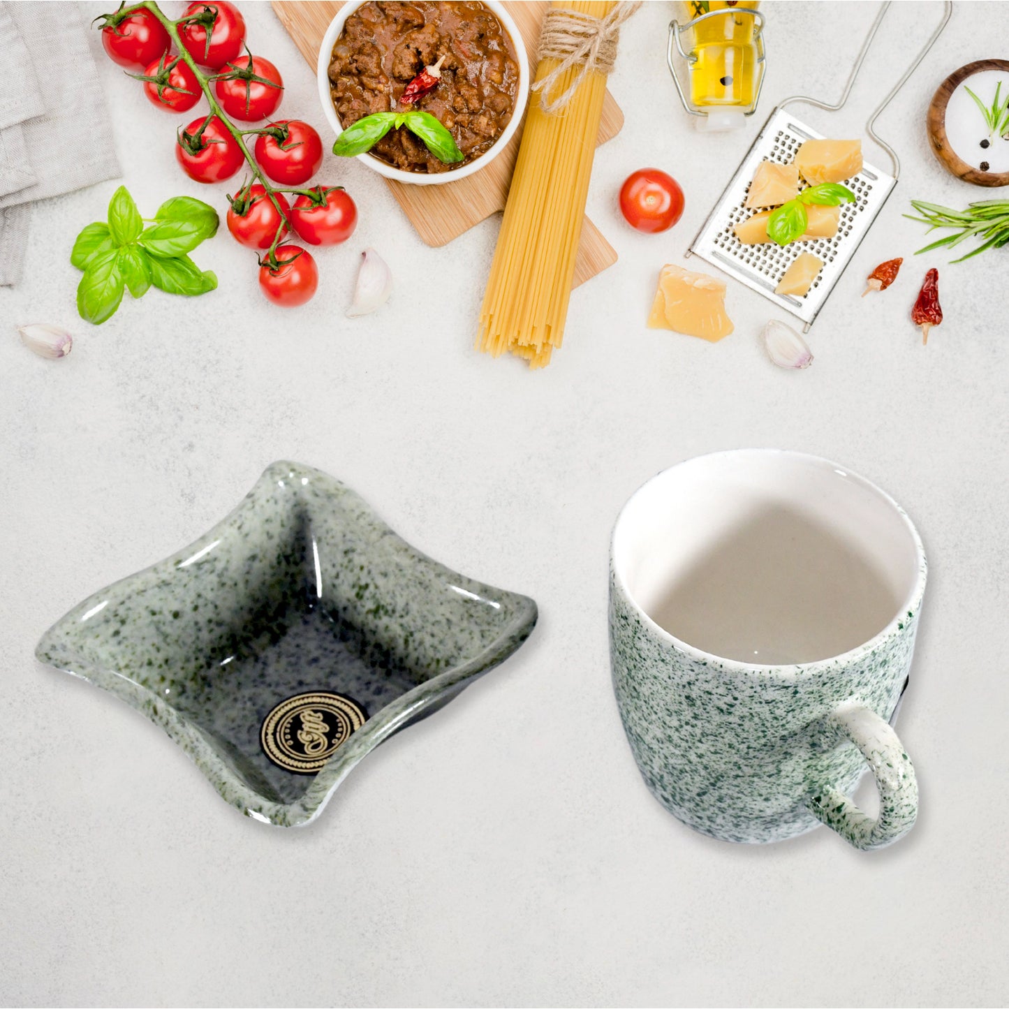 Festo Ceramic Tea Mug Set Including Snacks Serving Bowl (4 Pcs Set)