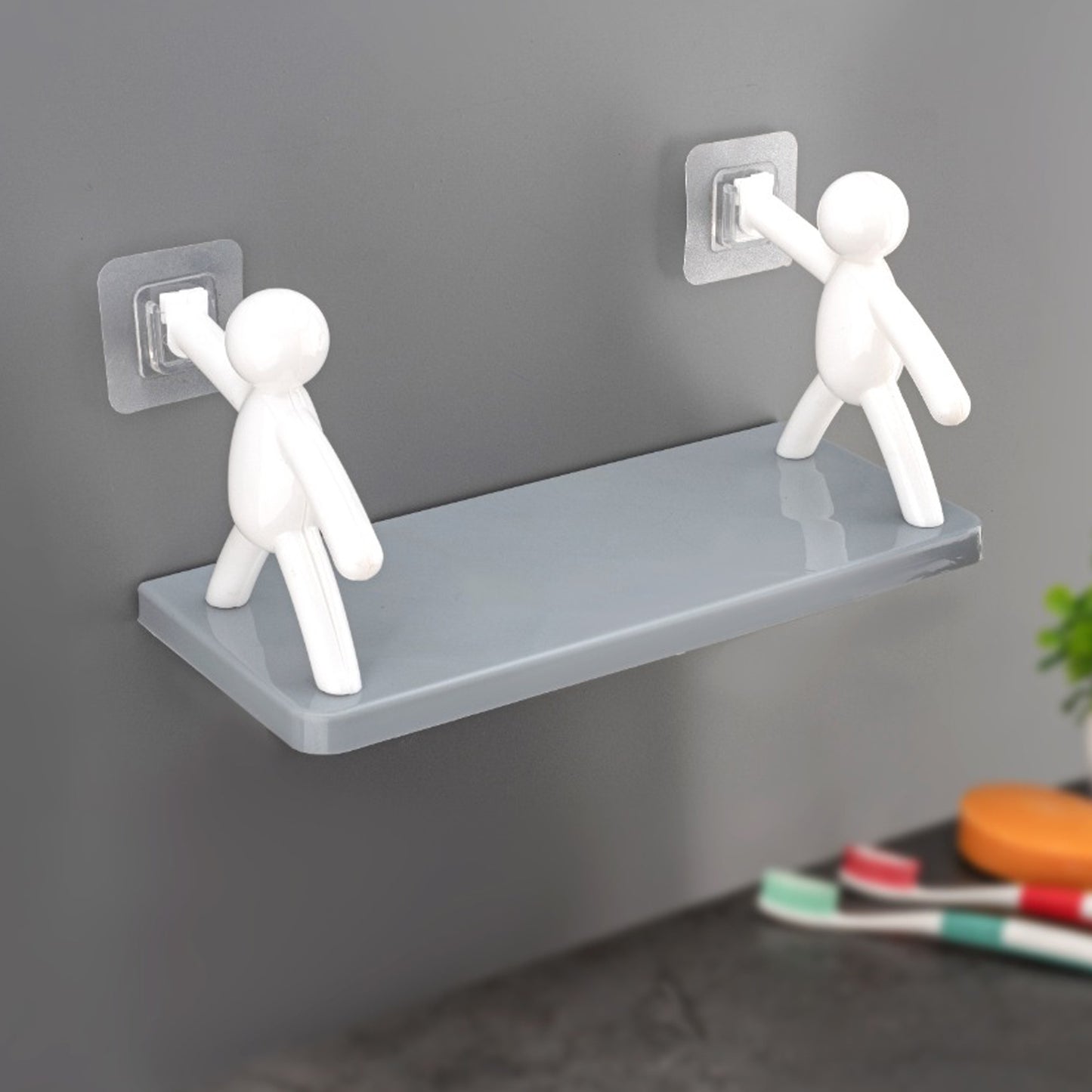 9271b Self Adhesive Cute Floating Shelves Wall Shelf Wall Mounted Organizer - Human Figurine Brown Box