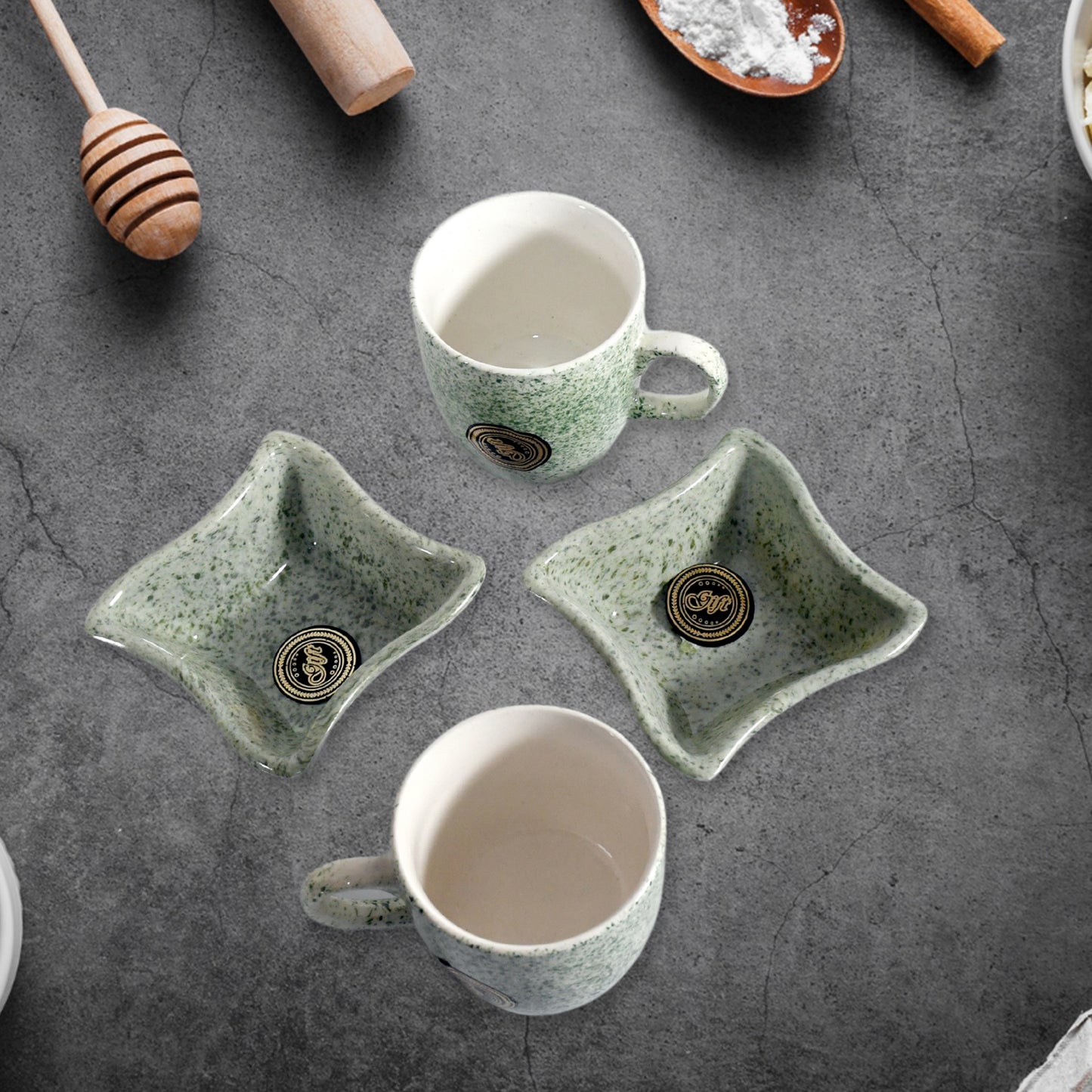 Festo Ceramic Tea Mug Set Including Snacks Serving Bowl (4 Pcs Set)