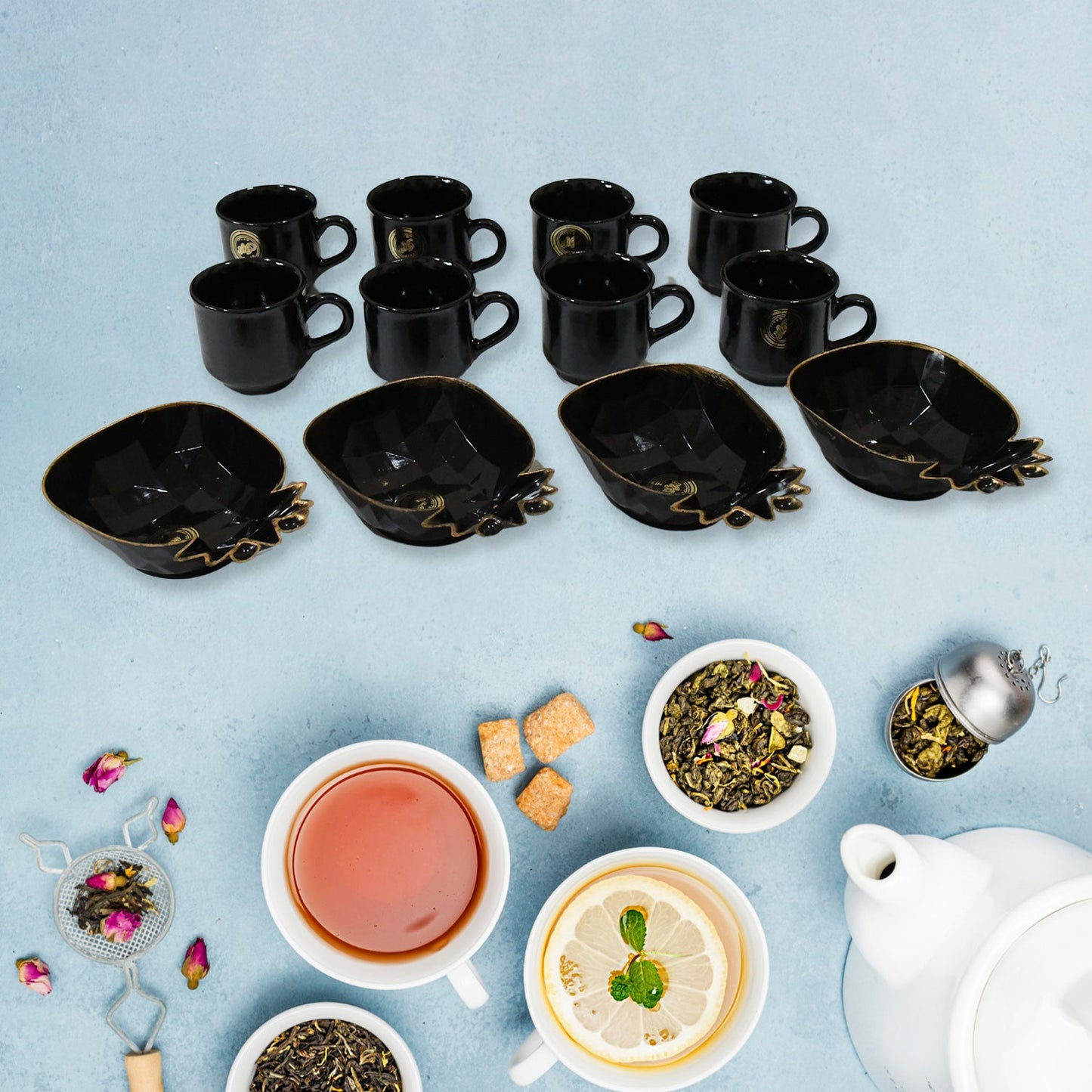 Pine Junction Ceramic Tea Cups & Bowl (12 Pcs Set)