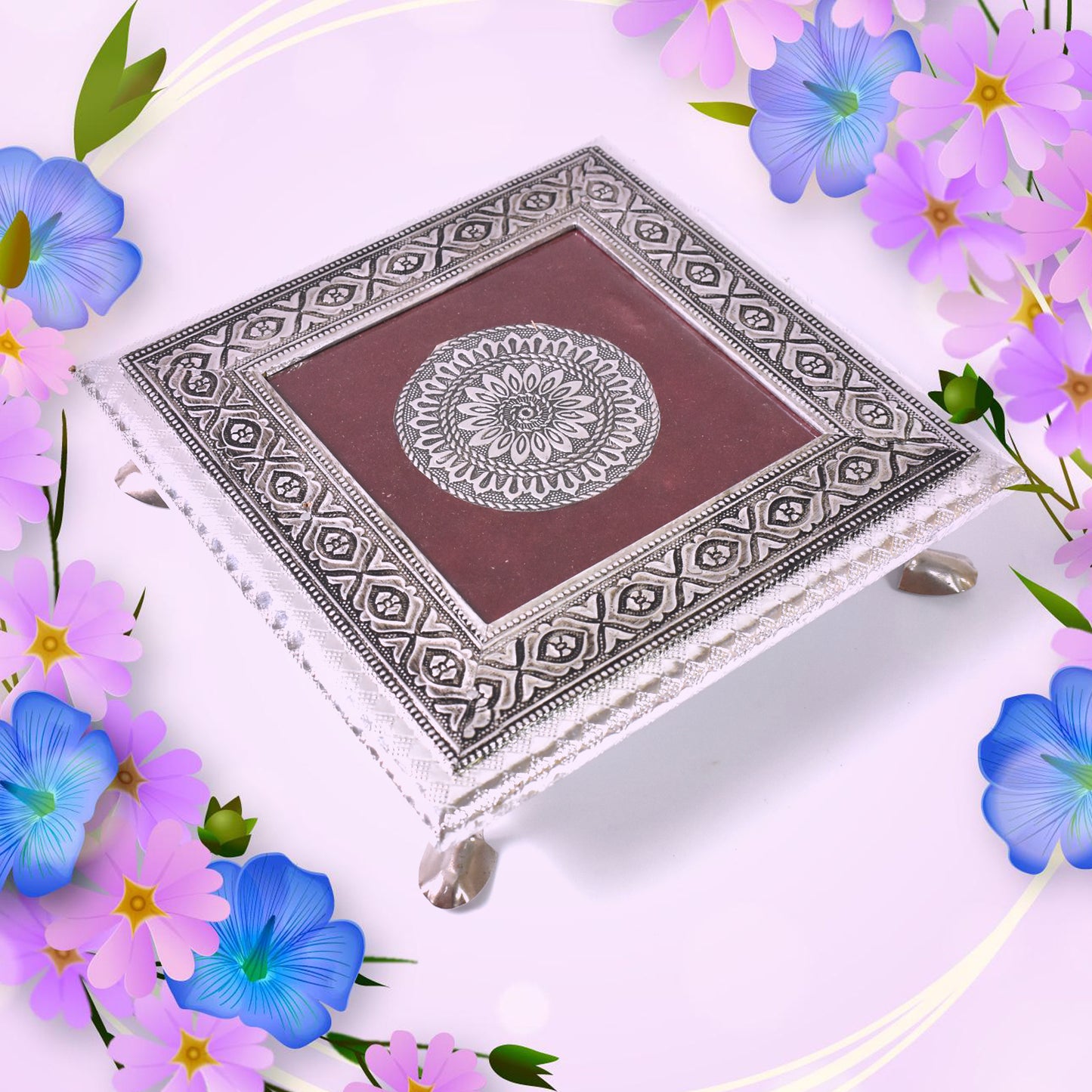 Silver - Square Pooja Chowki Patla Bajot (20×20 Cm)