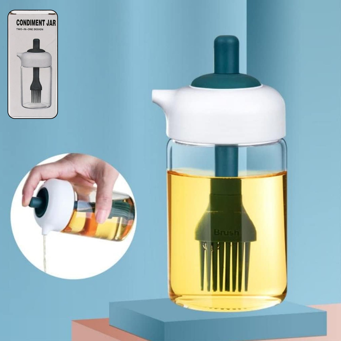 2 In 1 Glass Oil Dispenser Jar With Brush (1 Set)