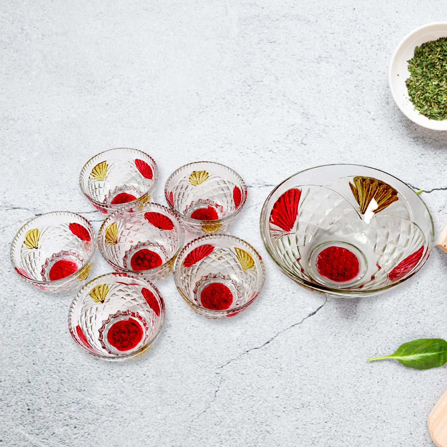 8234 Rose Glass Multipurpose Pudding Dessert Ice Cream Bowl Set For Home Use Home Kitchen Serving Bowl For Sundae Sweets Snacks Fruit Pudding Nuts Or Dip Serving Bowls 6 Medium 1 Big Bowl (Set Of 7 Pc)