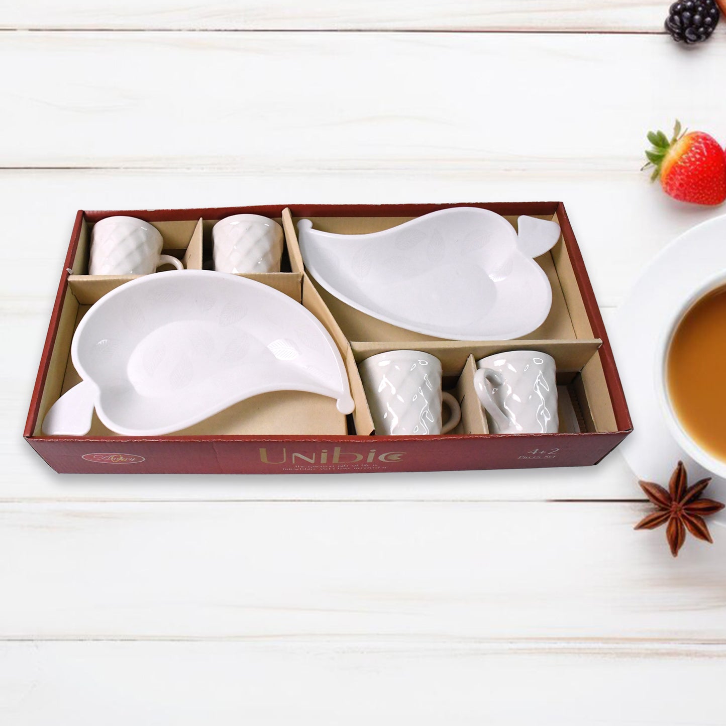 Unibic Ceramic Tea Cups With Plastic Leaf Shape Platter (6 Pcs Set)
