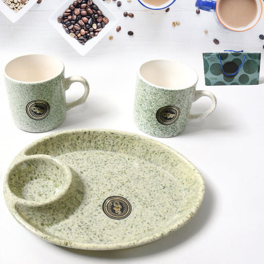 Alpino Ceramic Tea  Cups Set With Plastic Serving  Platter (3 Pcs Set)