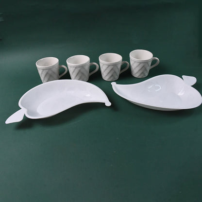 Unibic Ceramic Tea Cups With Plastic Leaf Shape Platter (6 Pcs Set)