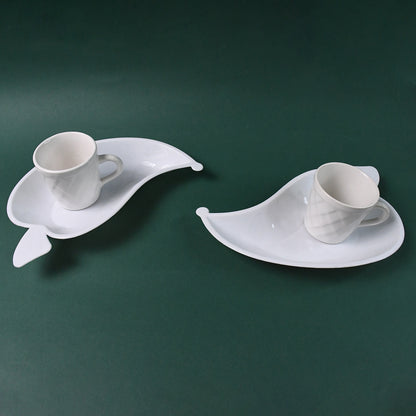 Unibic Ceramic Tea Cups With Plastic Leaf Shape Platter (6 Pcs Set)
