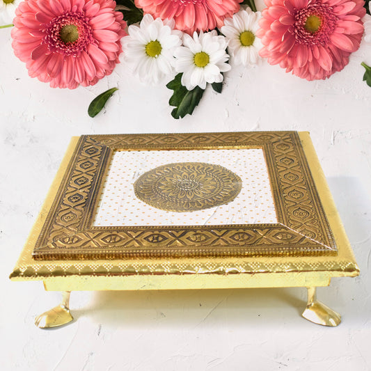 Golden - Square Pooja Chowki Patla  Bajot (20×20 Cm)