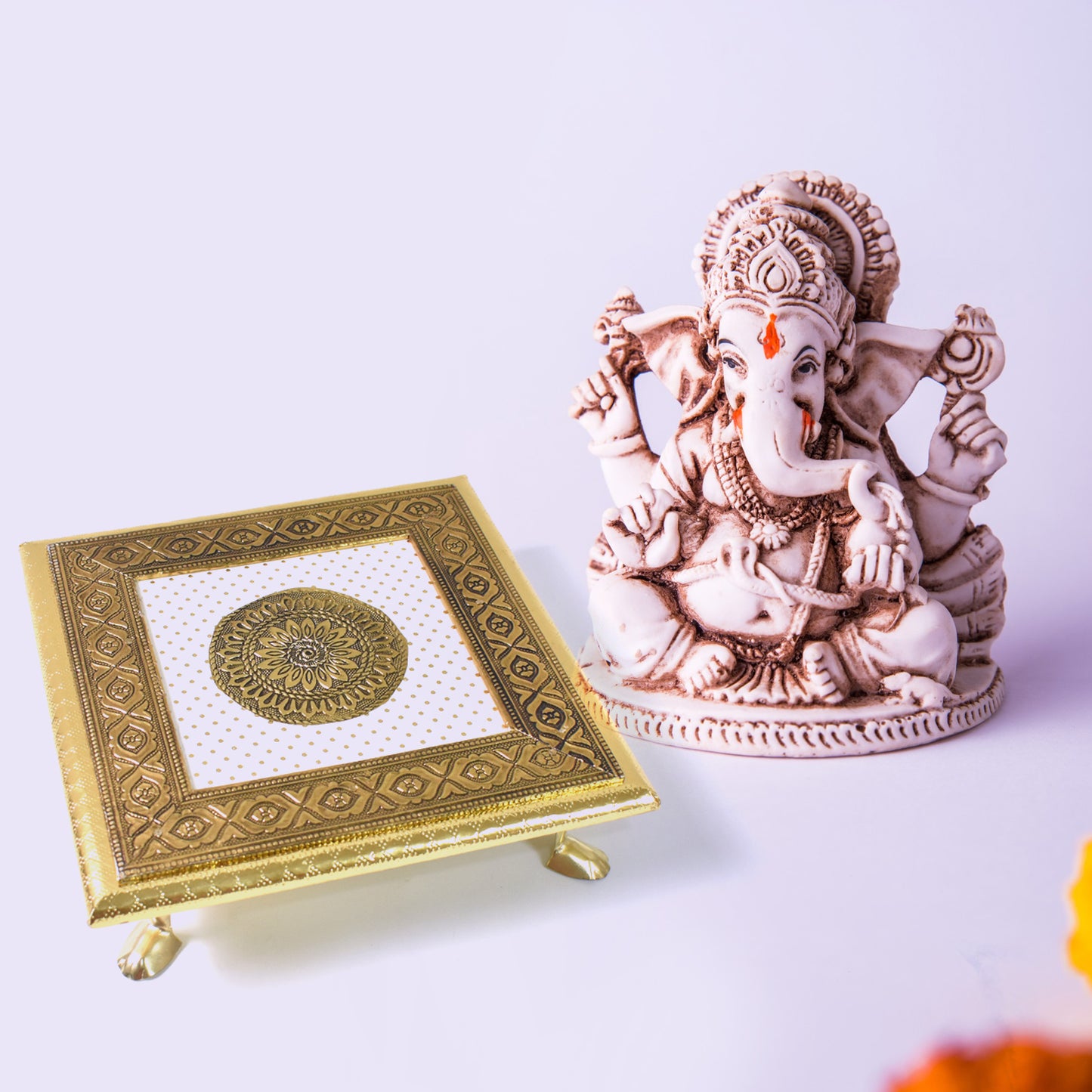 Golden - Square Pooja Chowki Patla  Bajot (20×20 Cm)