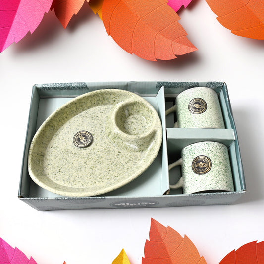 Alpino Ceramic Tea  Cups Set With Plastic Serving  Platter (3 Pcs Set)