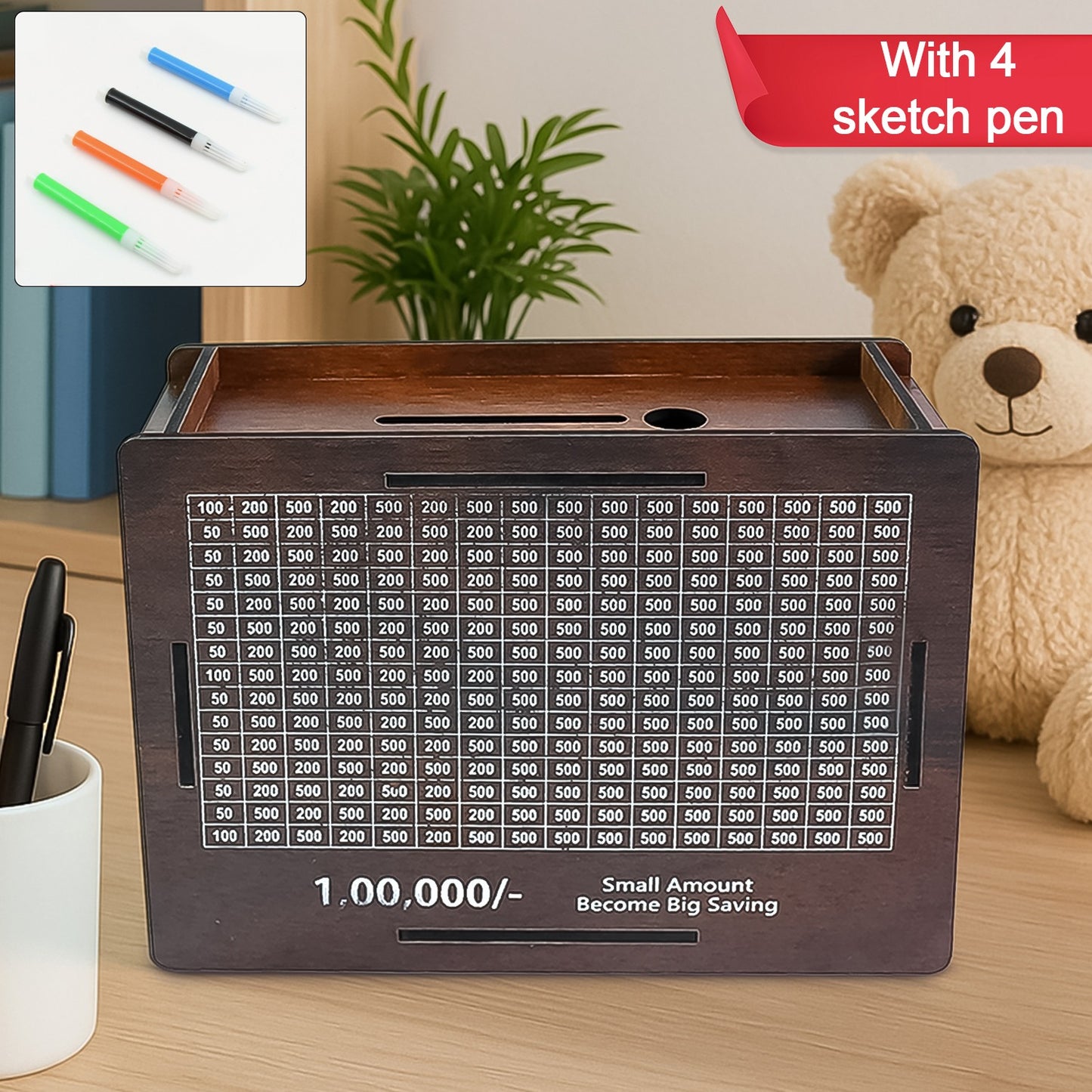 Wooden Money Bank with  4 Sketch Pen