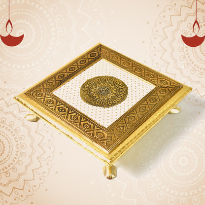 Golden - Square Pooja Chowki Patla  Bajot (20×20 Cm)