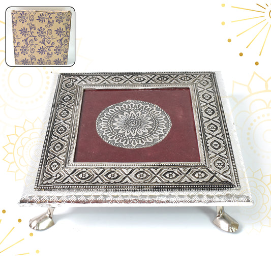 Silver - Square Pooja Chowki Patla  Bajot (20×20 Cm)