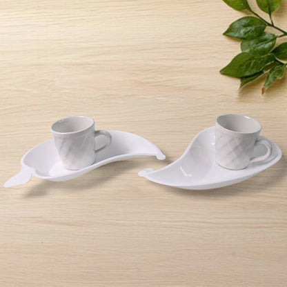 Unibic Ceramic Tea Cups With Plastic Leaf Shape Platter (6 Pcs Set)