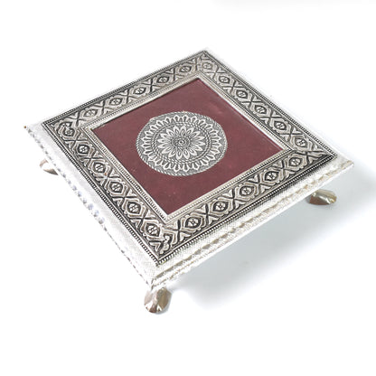 Silver - Square Pooja Chowki Patla  Bajot (20×20 Cm)