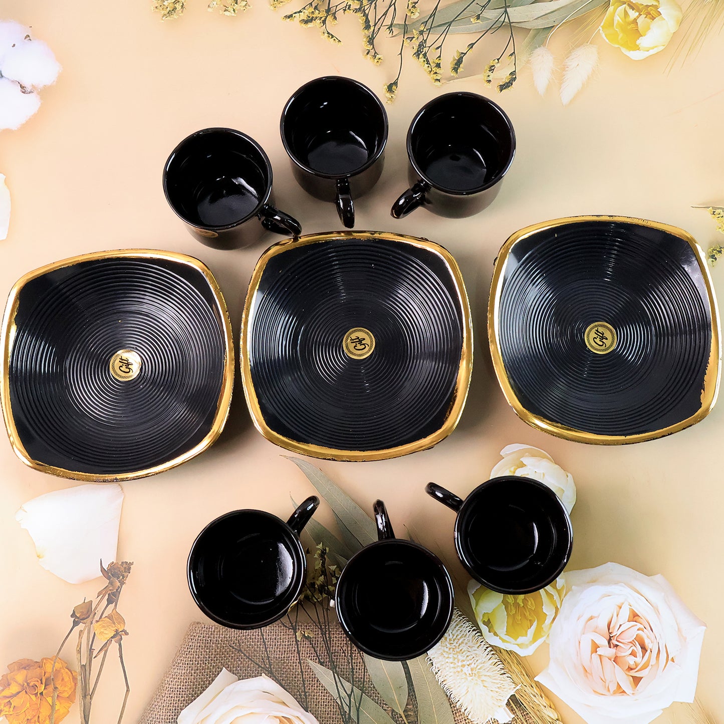 Sweet Buzz Ceramic Tea  Cups Set With Serving Bowl  (8 Pcs Set)