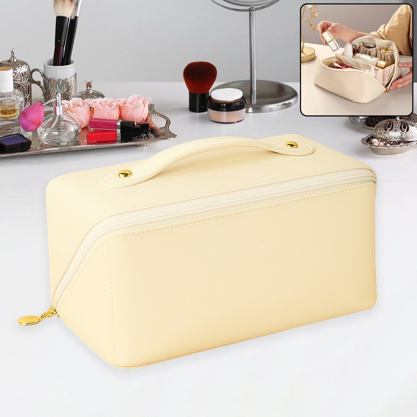Portable Premium Travel Makeup Organizer (Cream)