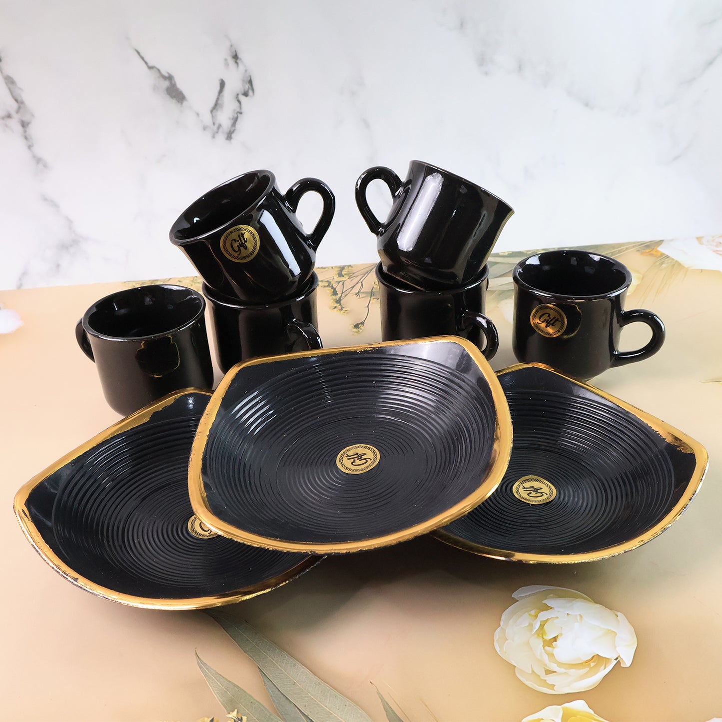 Sweet Buzz Ceramic Tea  Cups Set With Serving Bowl  (8 Pcs Set)