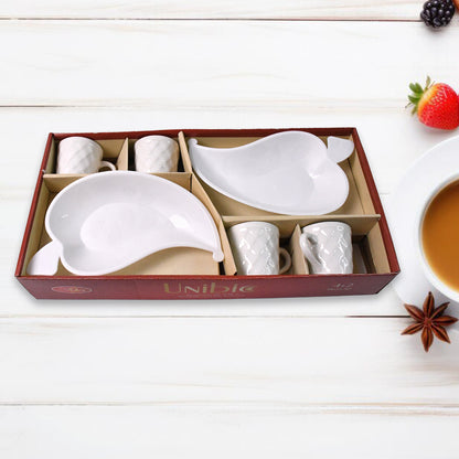 Unibic Ceramic Tea Cups With Plastic Leaf Shape Platter (6 Pcs Set)