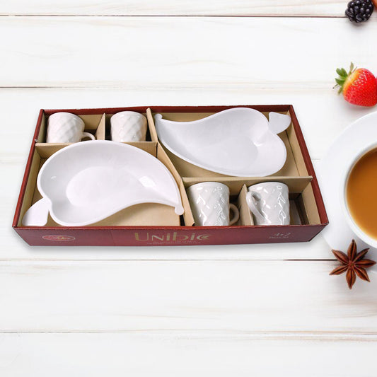 Unibic Ceramic Tea Cups With Plastic Leaf Shape Platter (6 Pcs Set)
